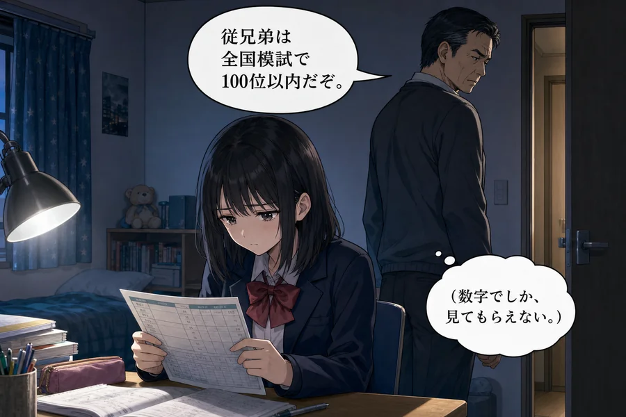 成績表を前に父から比較される主人公