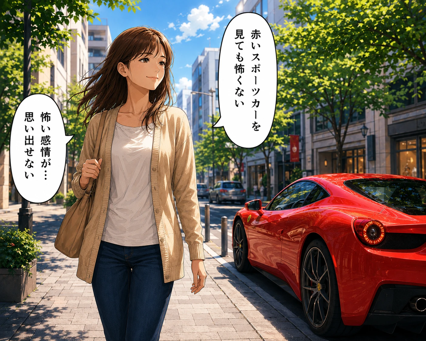 赤い車の前を平気で歩く