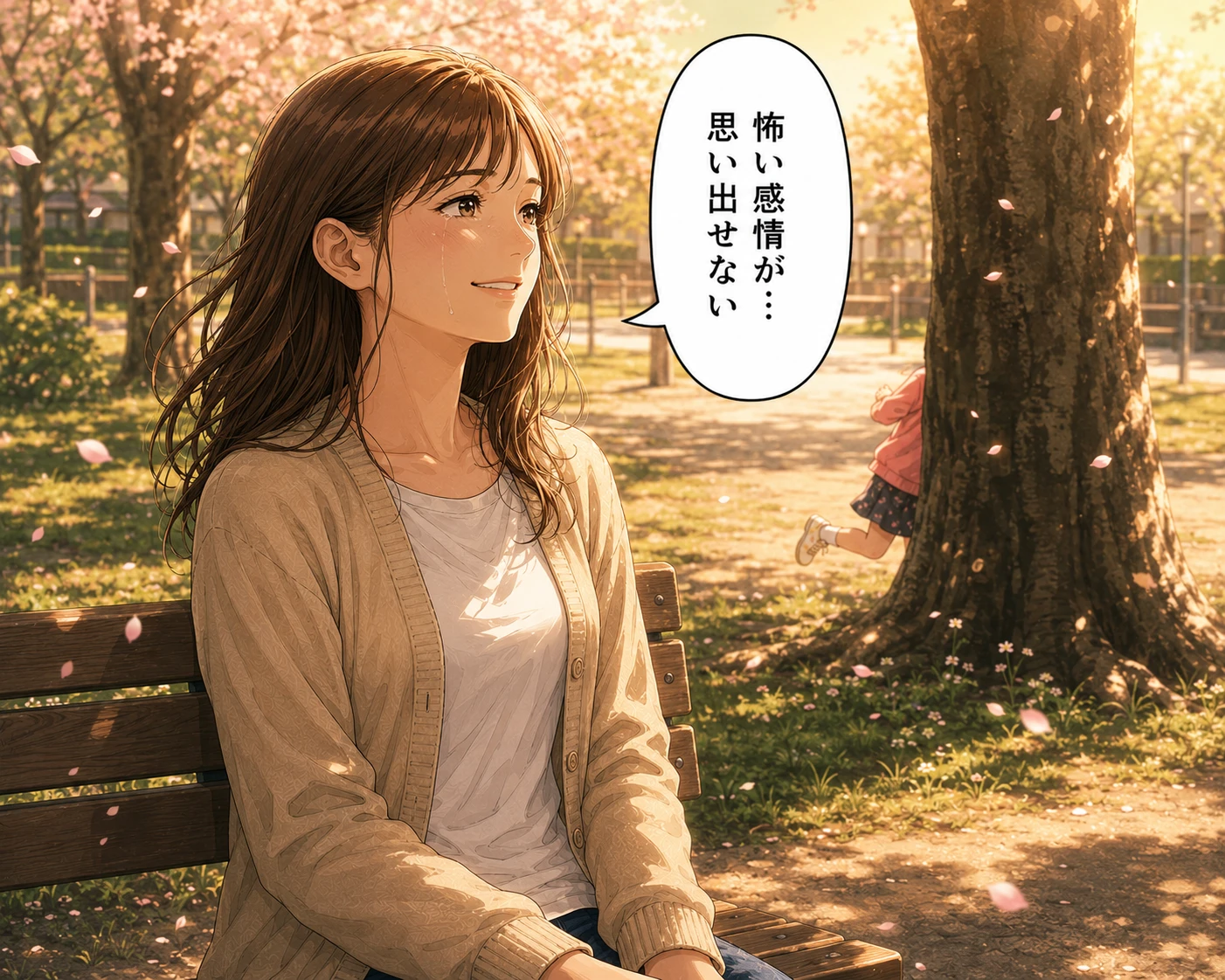 公園で娘を笑顔で見守る