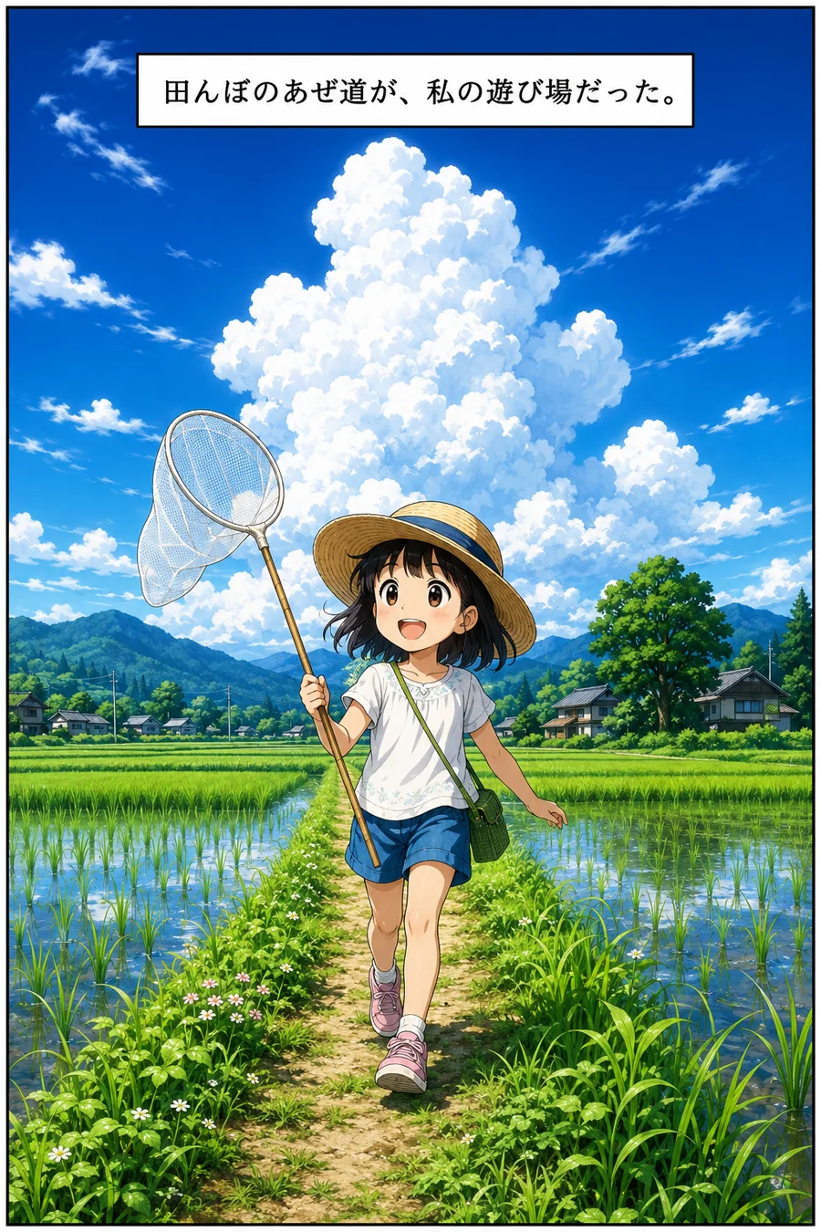 田んぼ道を笑顔で歩く子供時代の主人公