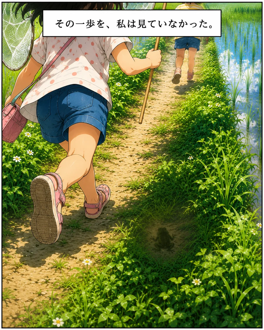 夢中で走る足元・草陰にカエルのシルエット