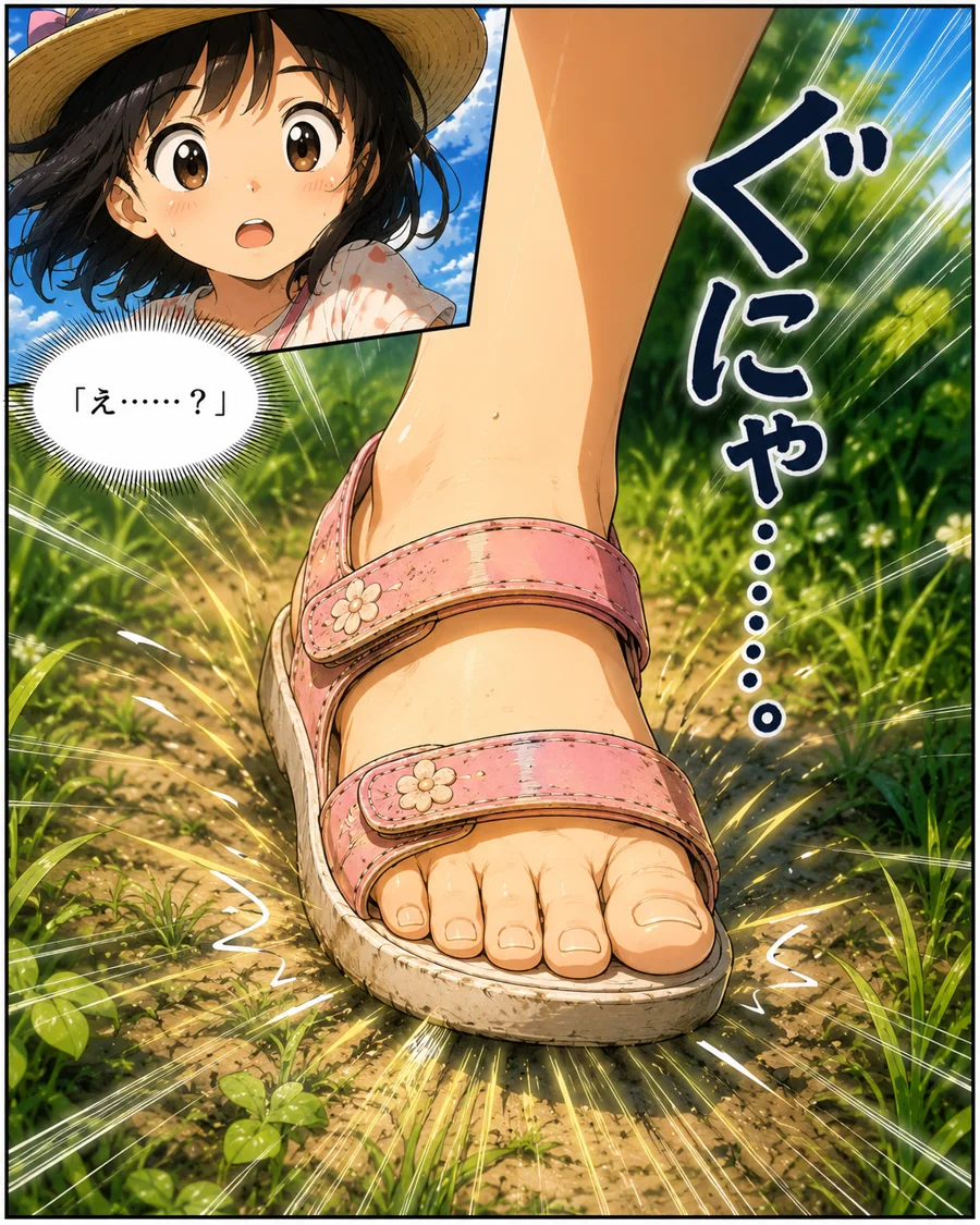 踏んでしまった瞬間の足元アップ・驚愕の表情