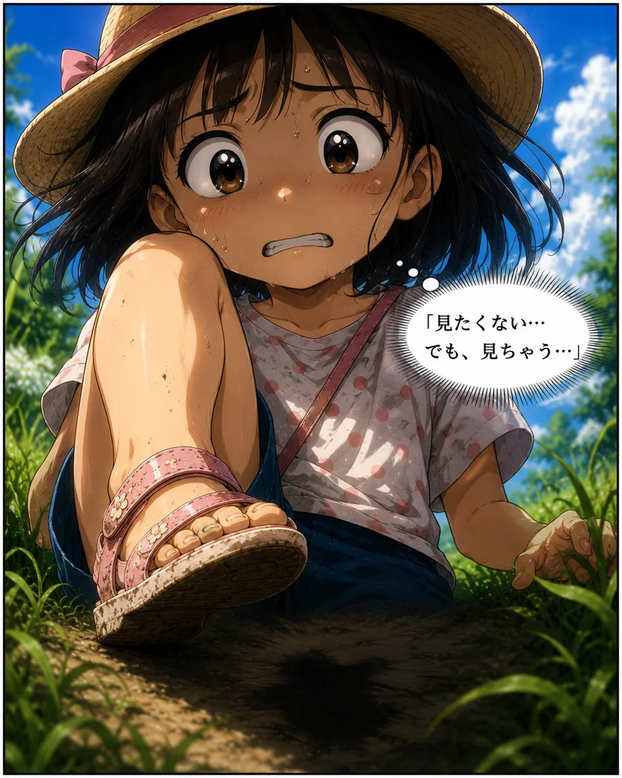 恐る恐る足を上げる主人公の表情