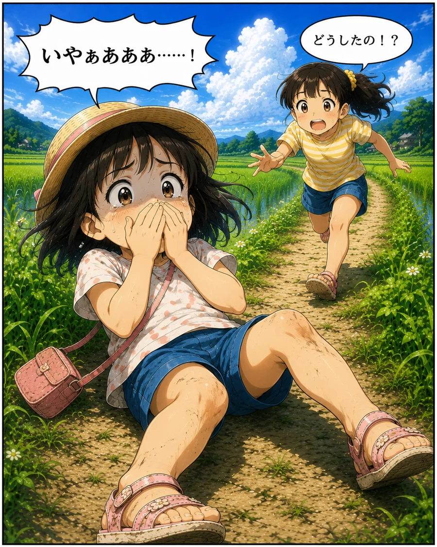へたり込んで悲鳴を上げる主人公・友達が駆け寄る