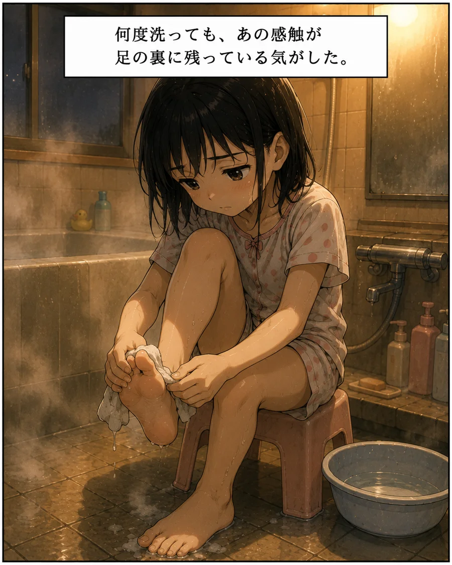 お風呂で足を何度も洗う主人公