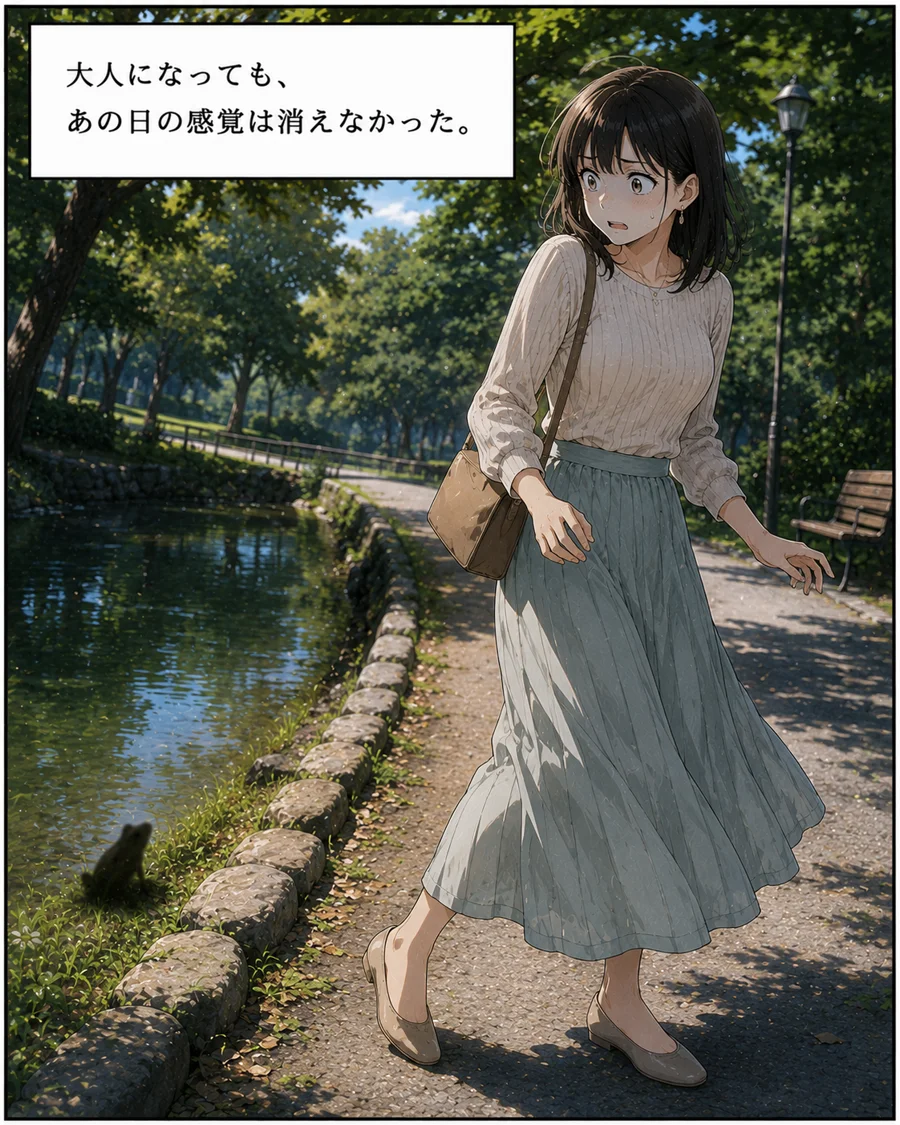 公園でカエルのシルエットを見て固まる主人公