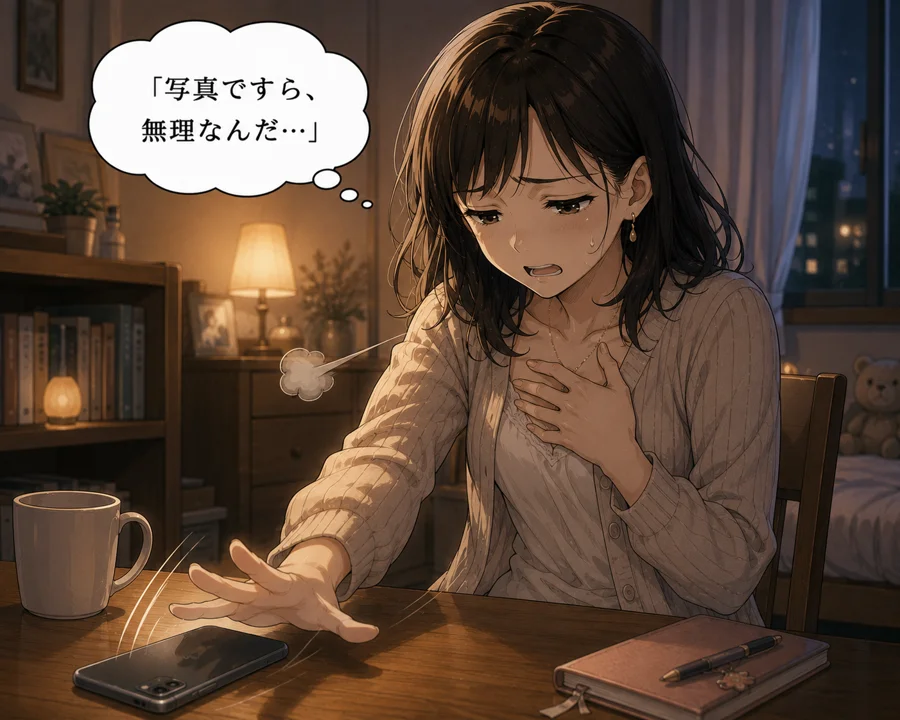 スマホの写真から目を背ける主人公