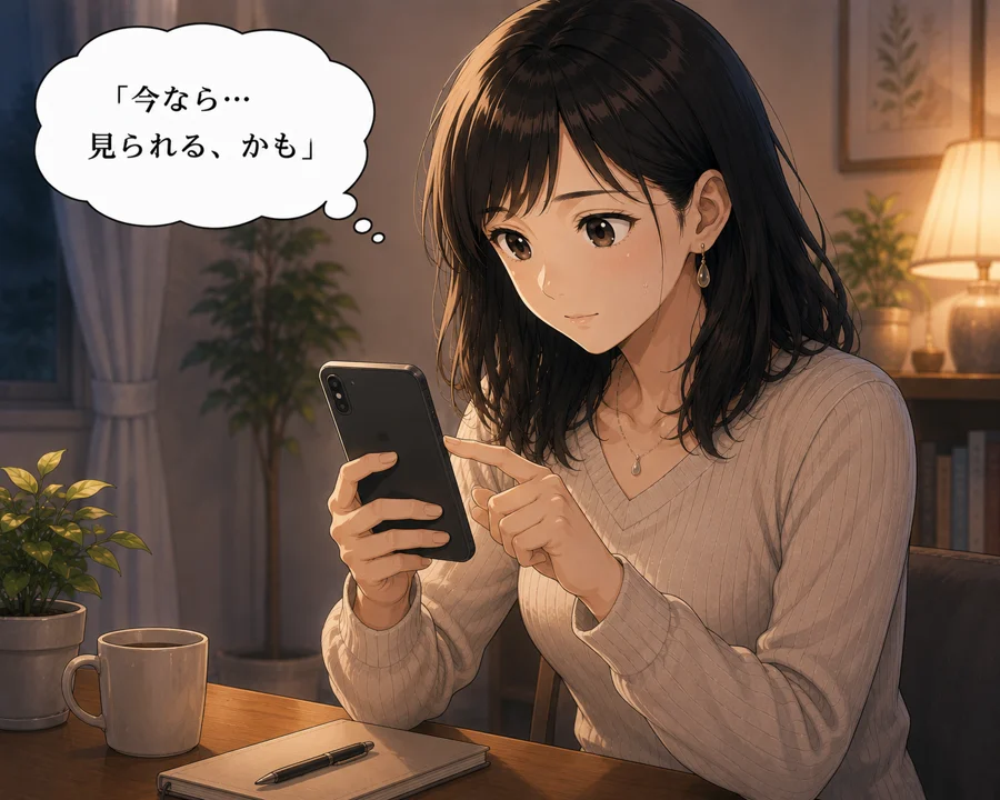 恐る恐るカエルの画像を確認する主人公