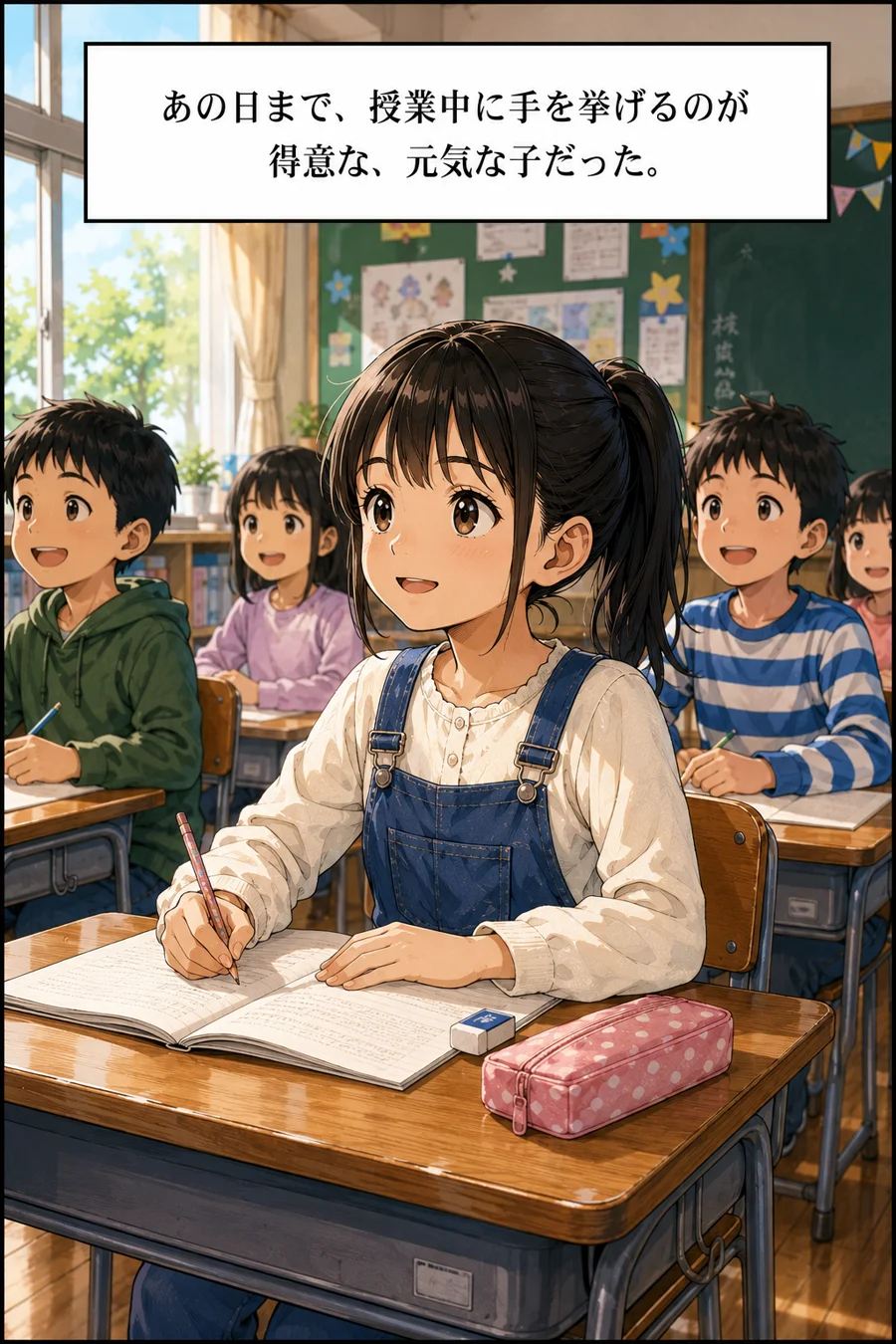 授業中に手を挙げるのが得意だった子供時代の主人公