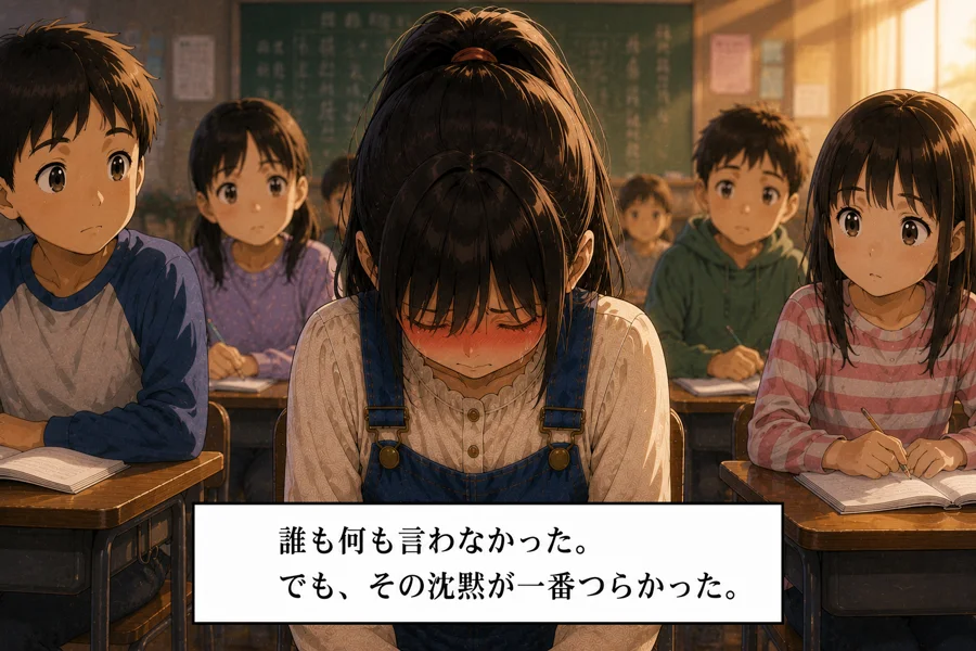 教室が静まりかえる中うつむく主人公