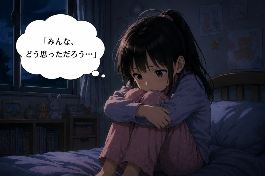 夜、自宅で膝を抱える主人公