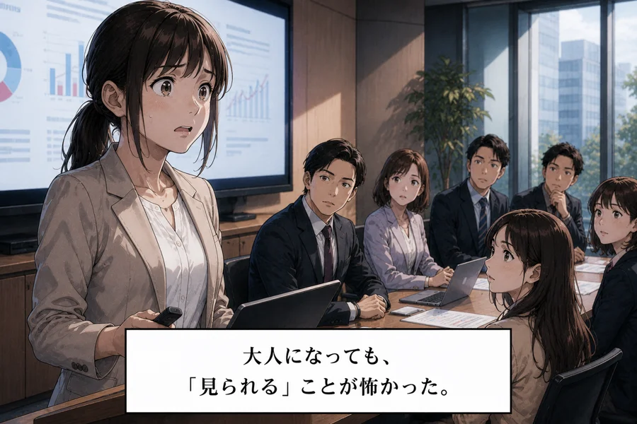 大人になり会議で発表する主人公・見られることへの恐怖