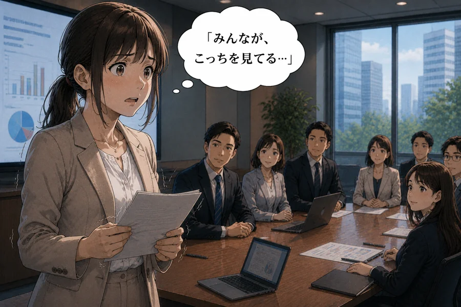 プレゼン中、視線を感じ動揺する主人公