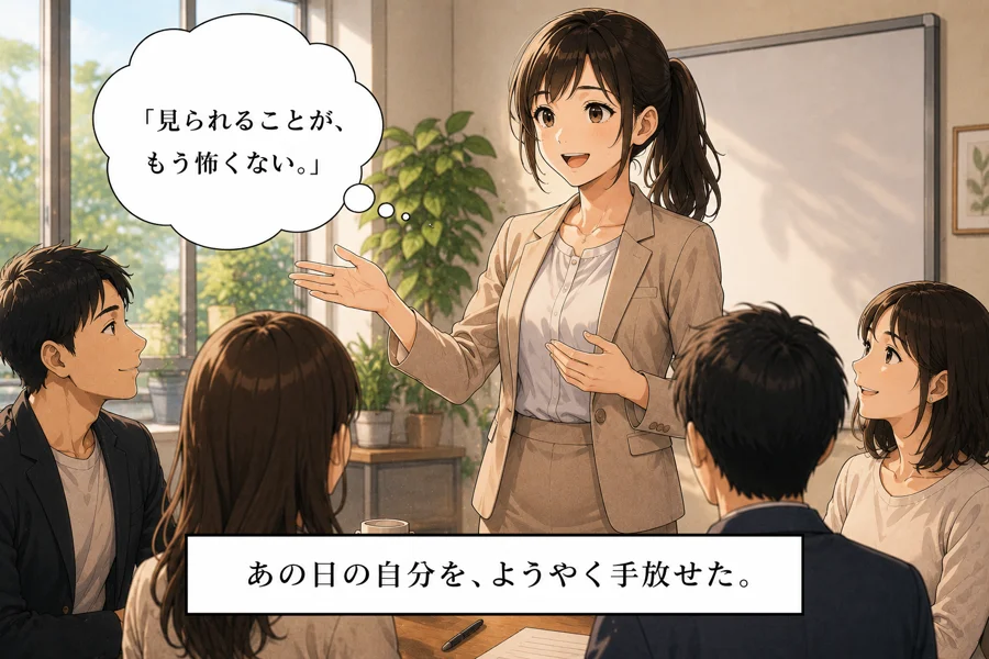会議室で堂々と発表する主人公