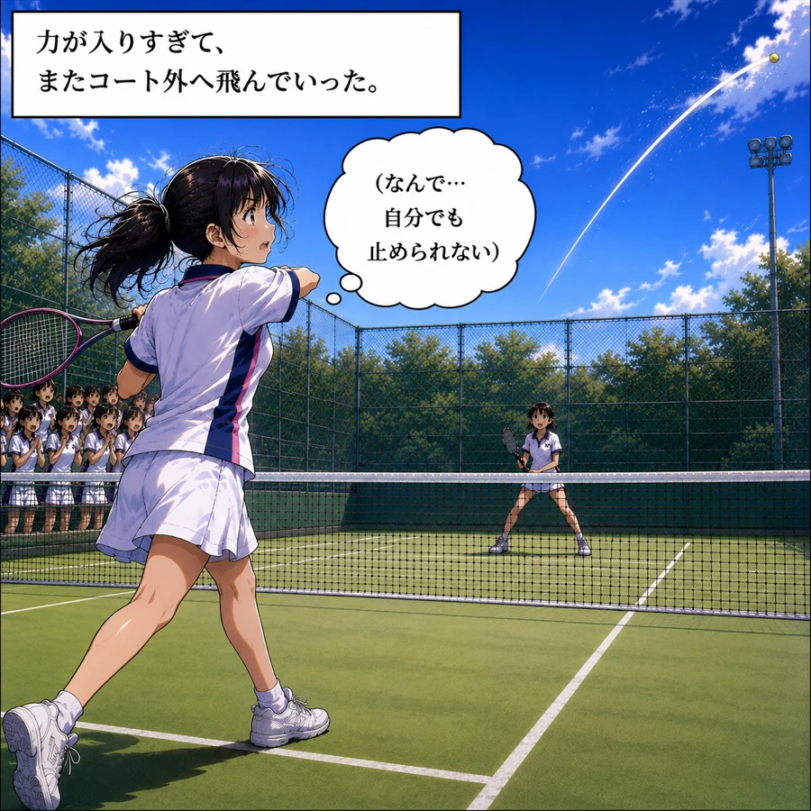 力が入りすぎてボールがコート外へ