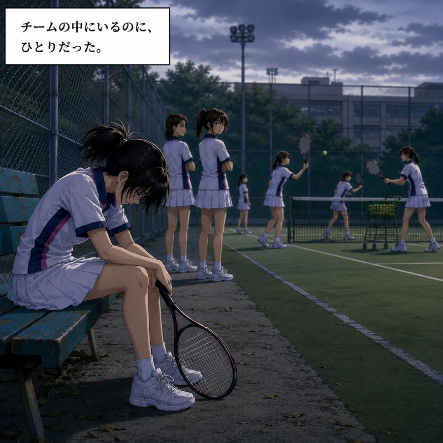 ベンチでひとり俯く主人公