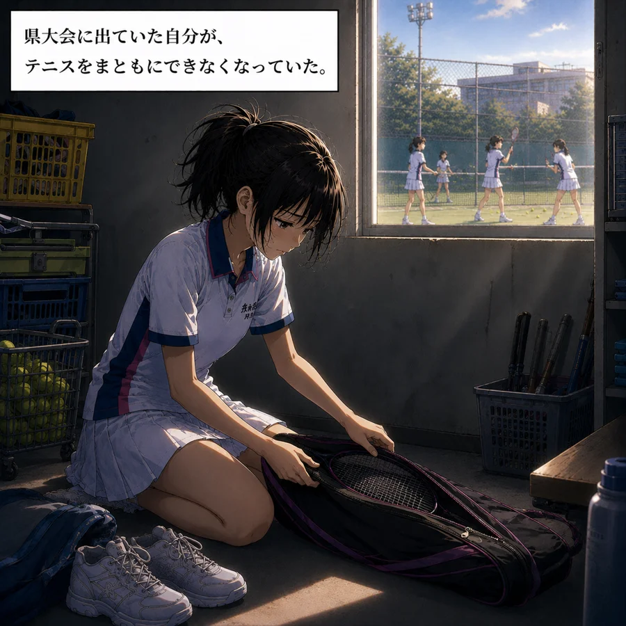 道具をしまい仲間を窓の外から見る主人公