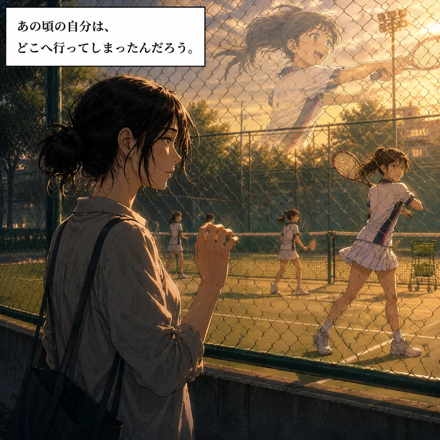 フェンス越しに過去の自分を見つめる主人公